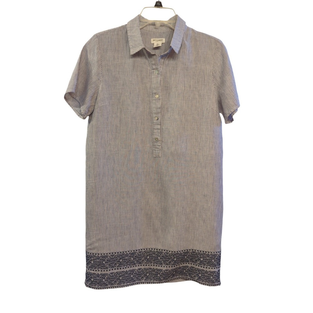 Womens Popover Linen Dress Blue Short Sleeve Button‎ Up Striped Sz S Midi